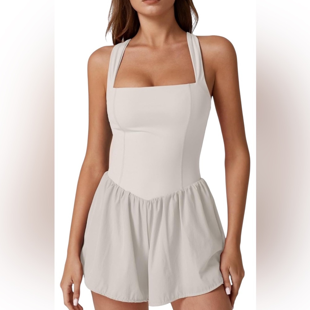 Square Neck Sleeveless Romper Jumpsuit One Piece Outfit with Pockets